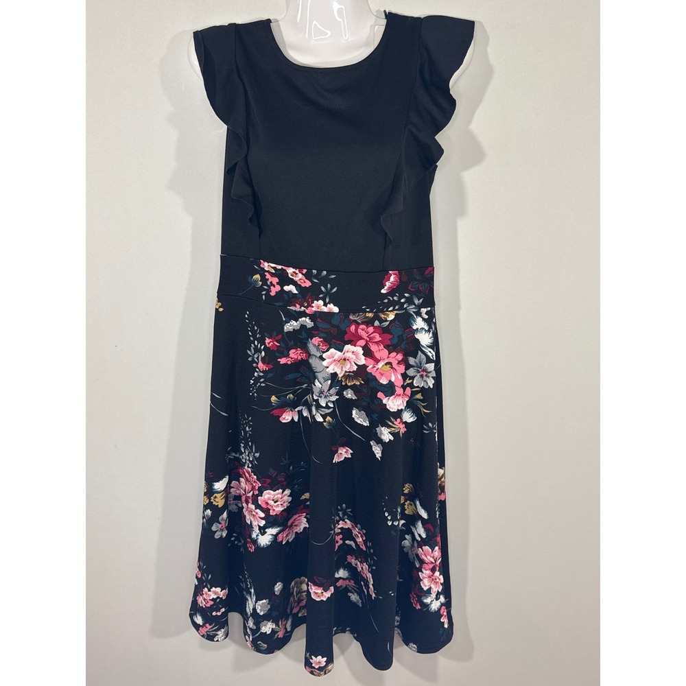 Whimsical Black Floral Print Ruffle‎ Sleeve Fit Flare Bohemian Dress Medium NWT
